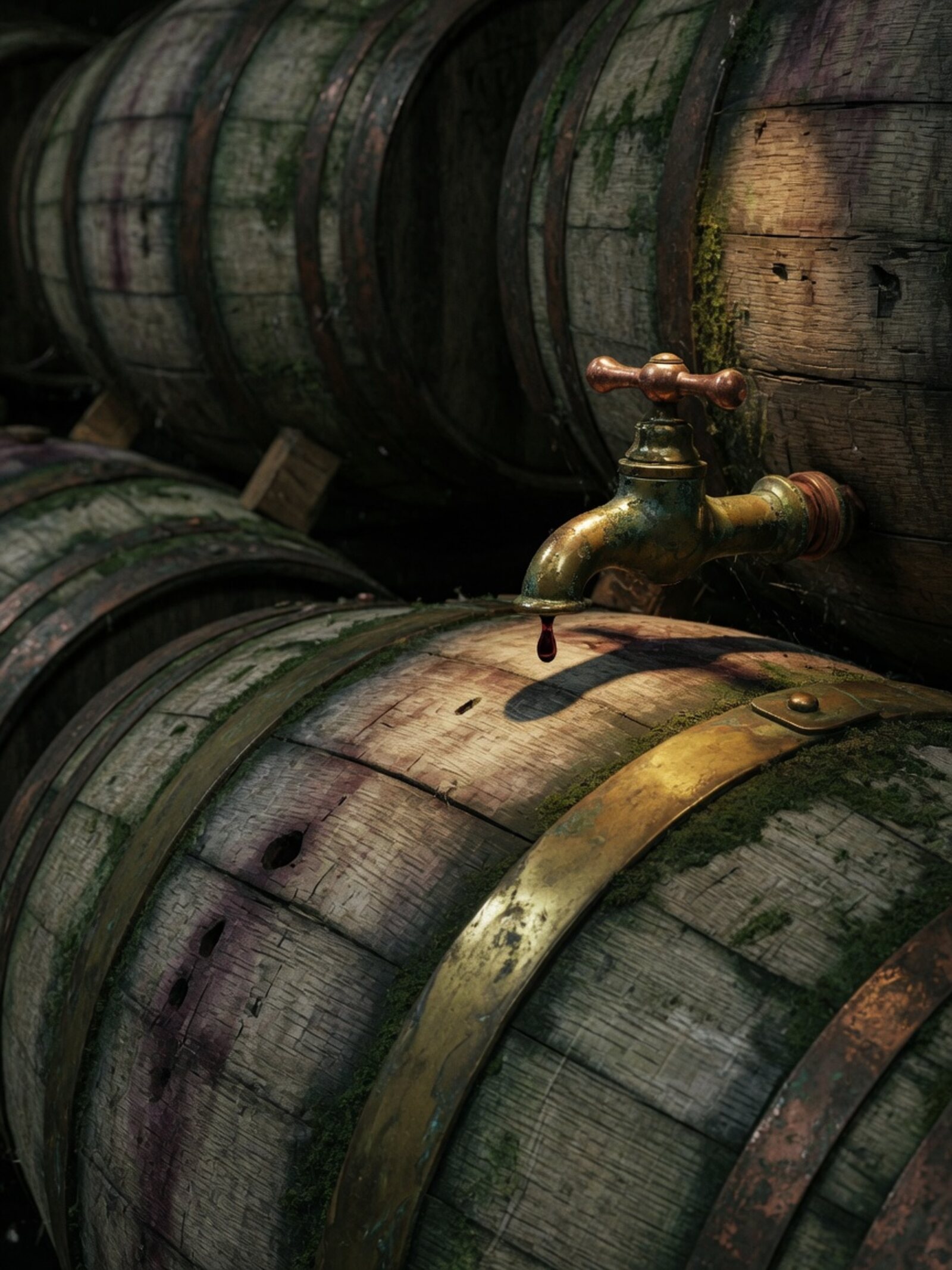 Oak barrels with a brass tap and a single drop of wine