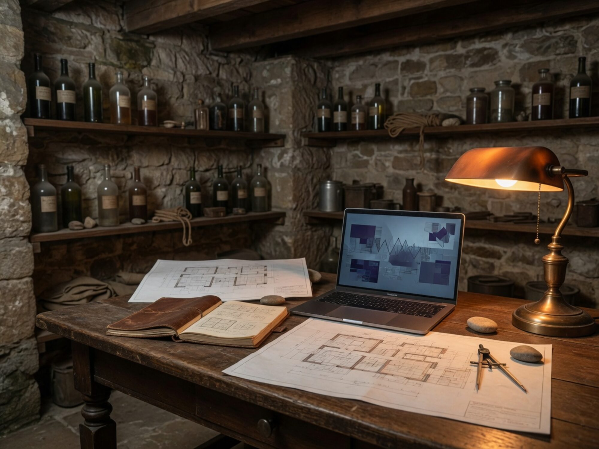 Operator desk in a stone cellar with plans, a notebook, and a laptop under a brass lamp