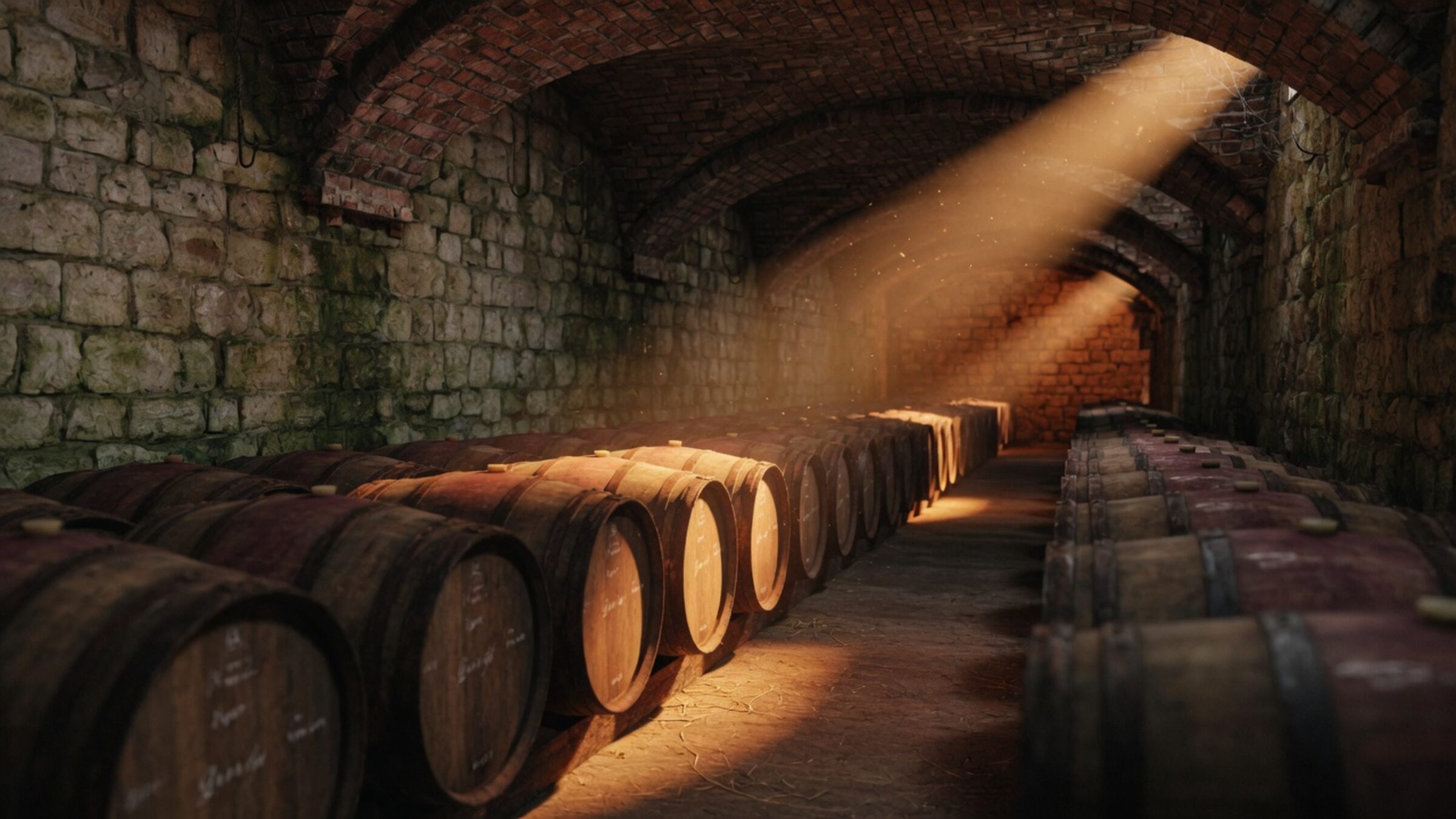 Wine cellar aisle with barrels and a shaft of warm light