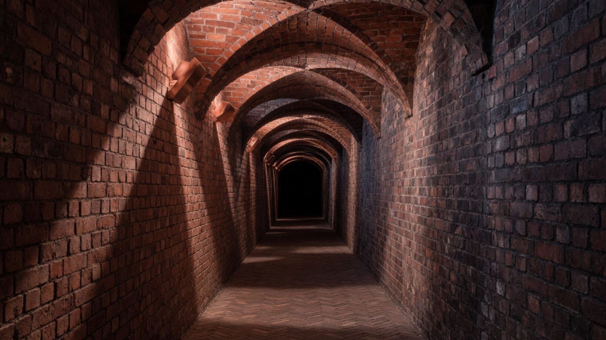 Vaulted brick corridor receding into darkness
